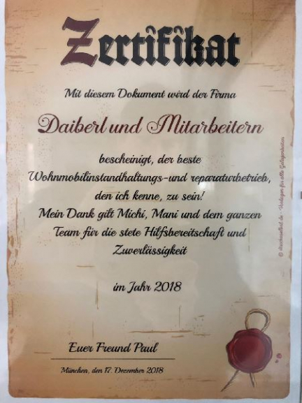 Kundenfeedback - 17.12.2018 - Werkstatt für Wohnmobil & Co Kundenfeedback - 17.12.2018 - Werkstatt für Wohnmobil & Co - Johann Daiberl GmbH